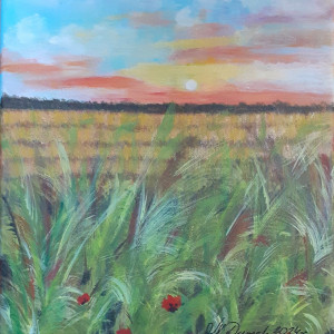 OBRAZ RĘCZNIE MALOWANY AKRYLOWY "WŚRÓD MAKOWYCH POLAN" - 30x24cm