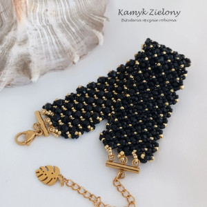 Czarno-złota bransoletka z kryształkami - wykończenia ze stali chirurgicznej