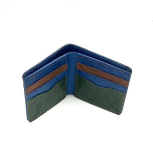 Brązowo-niebieski portfel skórzany ręcznie uszyty.