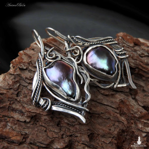 Kolczyki srebrne z czarną perła wiszące rękodzieło unikat