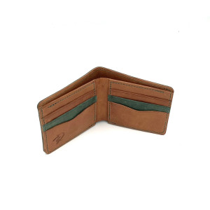 Zielono-brązowy portfel skórzany ręcznie uszyty.