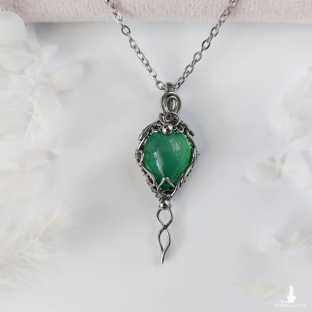 Naszyjnik Agat Zielony 'Legolas' stal chirurgiczna wisiorek handmade