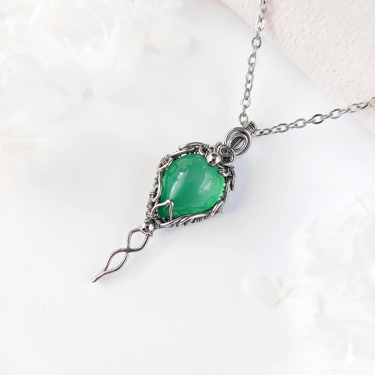 Naszyjnik Agat Zielony 'Legolas' stal chirurgiczna wisiorek handmade