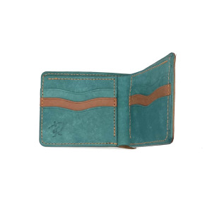 Brązowo-zielony portfel skórzany ręcznie uszyty .