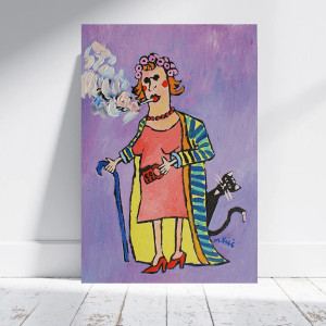 obraz ręcznie malowany portret wesoła babcia z fajką i kotem hej cieszmy się życiem