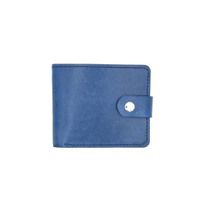 Niebieski portfel ręcznie uszyty ze skóry na bilon i karty.