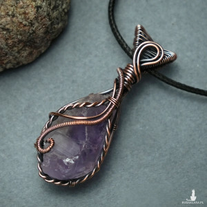 Wisiorek miedziany naszyjnik ametyst wire wrapping