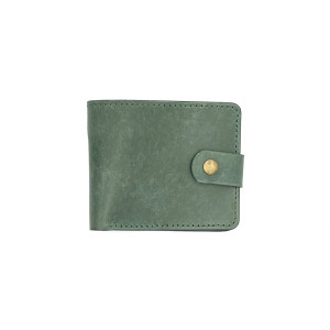 Zielony portfel ręcznie uszyty ze skóry na bilon i karty.