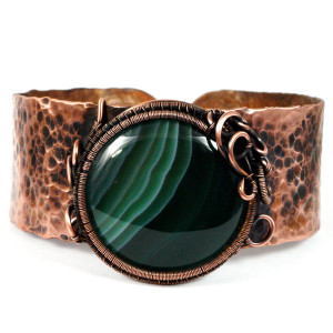 Agat i miedź, Miedziana bransoletka z zielonym agatem, ręcznie wykonana, prezent dla niej prezent dla mamy, prezent urodzinowy biżuteria