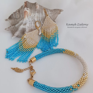 Komplet turkusowo-złoty, bransoletka i kolczyki