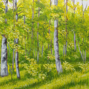 OBRAZ RĘCZNIE MALOWANY AKRYLOWY "W GŁĘBI BRZÓZ" - 30x24cm