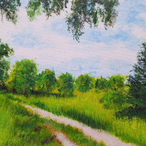 OBRAZ RĘCZNIE MALOWANY AKRYLOWY "Z DALA OD MIASTA" - 30x24cm