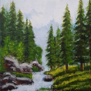 OBRAZ RĘCZNIE MALOWANY AKRYLOWY "ŚWIERKOWA ŚCIANA" - 30x24cm