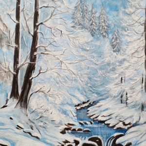 OBRAZ RĘCZNIE MALOWANY AKRYLOWY "W ZIMOWEJ BAŚNI" - 30x24cm