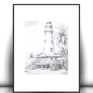 biało czarny plakat z latarnią morską, palmy plakat A4, wyspa plakat 21x30, wakacje plakat na ścianę, hygge plakaty do domu, podróże plakaty dekoracyjne, morska latarnia plakat, boho posters