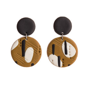 Kolczyki okrągłe - abstrakcja karmelowo, czarno, biała