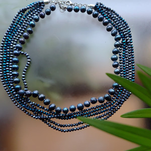 Naszyjnik Kolia z Pereł Grafitowych Duzych i Kryształków nasz25.35