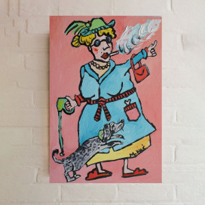 obraz ręcznie malowany portret babcia z pieskiem