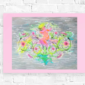 retro plakat A4, amorek obrazek 21x30, vintage obrazek z aniołkiem, retro obrazek do sypialni, kolorowy obrazek z amorem, vintage obrazek 21x30, amor plakat vintage