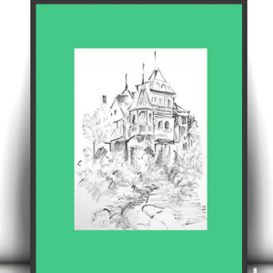 retro plakat A4, obrazek z budynkiem, vintage plakat A4, dom plakat 21x30, kamienica plakat, plakat z architekturą, podróże plakat, miasto plakat, architektura plakat do biura