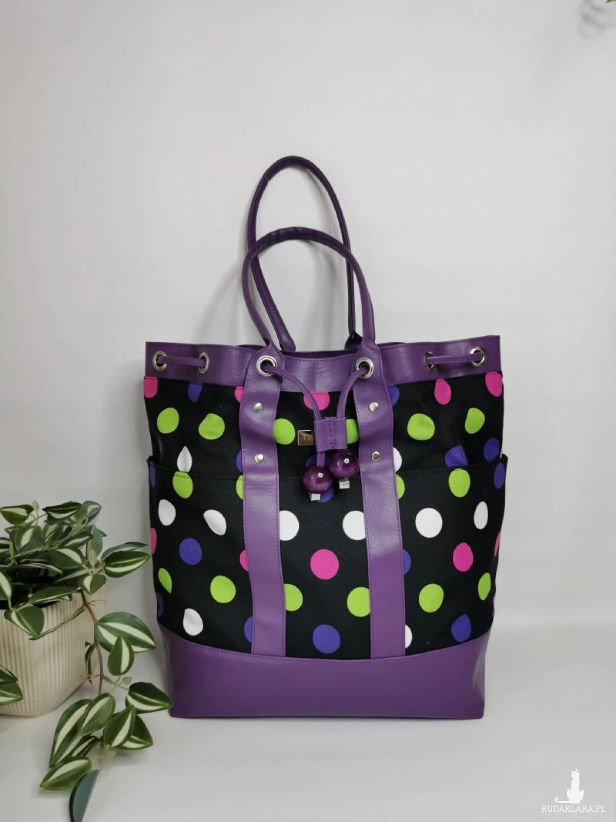 Duża torba damska bucket bag w grochy 2