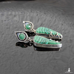 Kolczyki srebrne ze szmaragdami i malachitem wkrętki wiszące