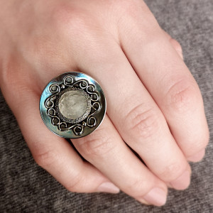 Pierścionek retro z kwarcem, srebro 925, regulowany, rozmiar 9-13