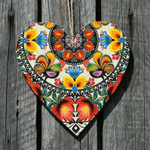 Duże ludowe serce z łowicką wycinanką, Vintage prezent na dzień mamy, Dekoracja Boho do sypialni