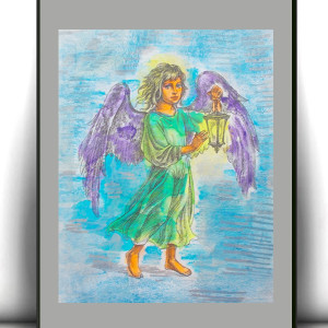 retro plakat A4, anioł obrazek A4, vintage plakat z aniołkiem, retro plakat z aniołem, mały obrazek z aniołem, anioł stróż obrazek 21x30