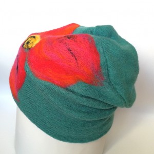 czapka wełniana damska turkus/zieleń z kwiatem