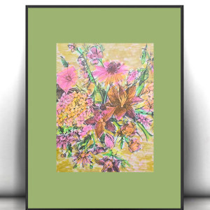 retro plakat A4, kwiatki plakat 21x30, plakat z kwiatami, boho plakat domu, kolorowy obrazek z bukietem, mały plakat do przedpokoju, botaniczny plakat do sypialni, bukiet obrazek A4