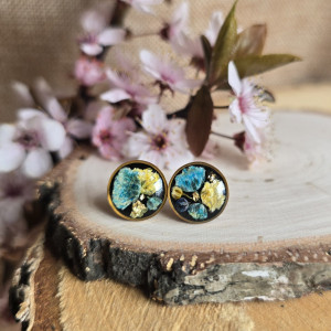 Gwiaździsta Noc złote kolczyki wkręty sztyfty żywica z żywicy kwiaty z kwiatami suszone prawdziwe kwiaty retro niebieskie żółte