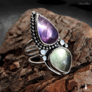 Pierścionek srebrny z ametystem i fluorytem regulowany