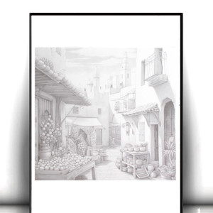 miasteczko plakat, szary plakat z uliczką, podróże plakaty A4, uliczka plakat A4, retro plakaty, vintage plakaty, boho plakaty, czarno białe plakaty do domu, ładne plakaty, małe plakaty