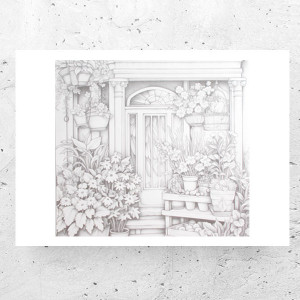 szary plakat z ogrodem, rustykalny plakat A4, botaniczny plakat z kwiatkami, okna plakat, czarno białe plakaty do domu, plakat do przedpokoju, małe plakaty na ścianę, vintage plakaty retro