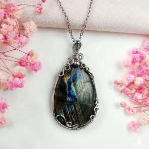 Naszyjnik Spektrolit stal chirurgiczna wisiorek handmade wirewrapping