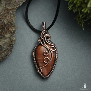 Wisiorek miedziany naszyjnik skamieniałe drewno wire wrapping PROMOCJA