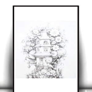 biało czarne plakaty A4, baśniowy plakat, plakat z domkiem, plakat z chatką, skandynawskie plakaty A4, boho posters A4, domek plakat, chatka plakat, ładne plakaty na ścianę, szary plakat