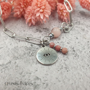 Łańcuchowa bransoletka- jadeit opalowy, rodochrozyt, zawieszka z okiem