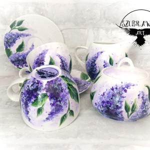 Zestaw kawowy ręcznie malowany w bzy