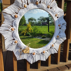 Duże makramowe lustro z mandalą w stylu Boho - kolor biały