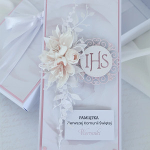Kartka komunijna dla dziewczynki biało różowa