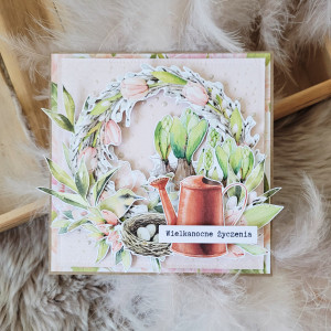 Kartka wielkanocna z wiankiem i konewką