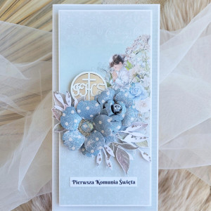 Kartka na Pierwszą Komunię dla chłopca w błękitnym odcieniu