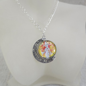 6754 długi, kolorowy naszyjnik z wisiorkiem; dwustronny wisiorek; wróżka/słońce