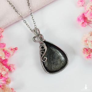 Naszyjnik Obsydian Srebrzysty stal chirurgiczna wisiorek handmade wirewrapping
