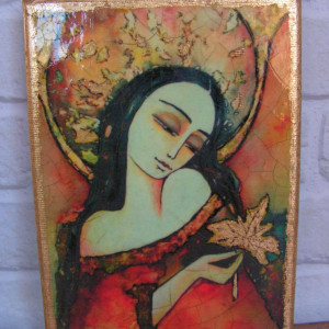 "Anioł Jesiennej Zadumy"- obrazek na płótnie wykonany techniką decoupage.