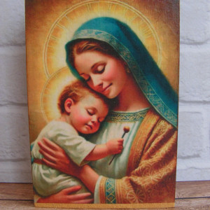 "Matka Boża Opiekunka" - obrazek na drewnie, wykonany techniką decoupage.