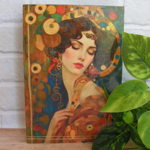 "Aurora i Diana" - obrazek à la Gustav Klimt, na desce, dwustronny, wykonany techniką decoupage.