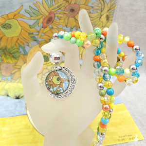 6757 długi, kolorowy naszyjnik z wisiorkiem; dwustronny wisiorek; słoneczniki